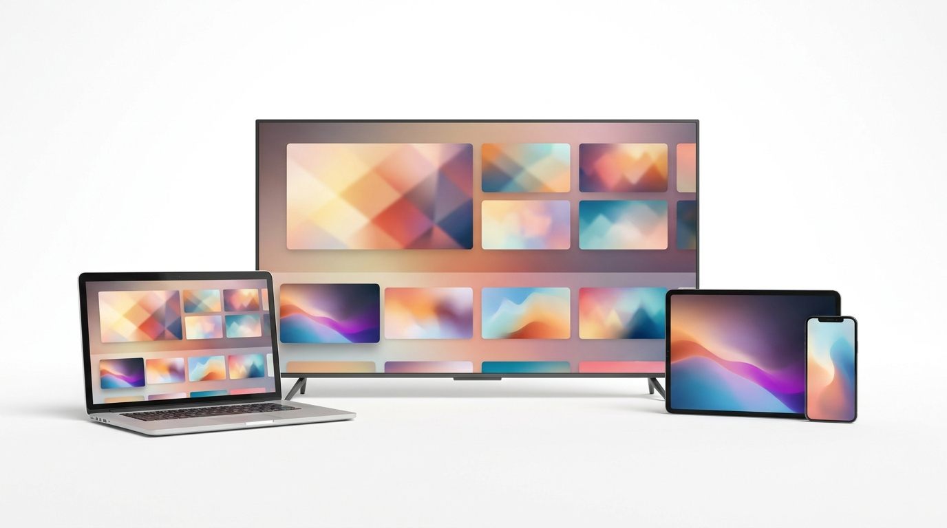 Smart TV, ordinateur portable, tablette et smartphone affichant une interface de streaming