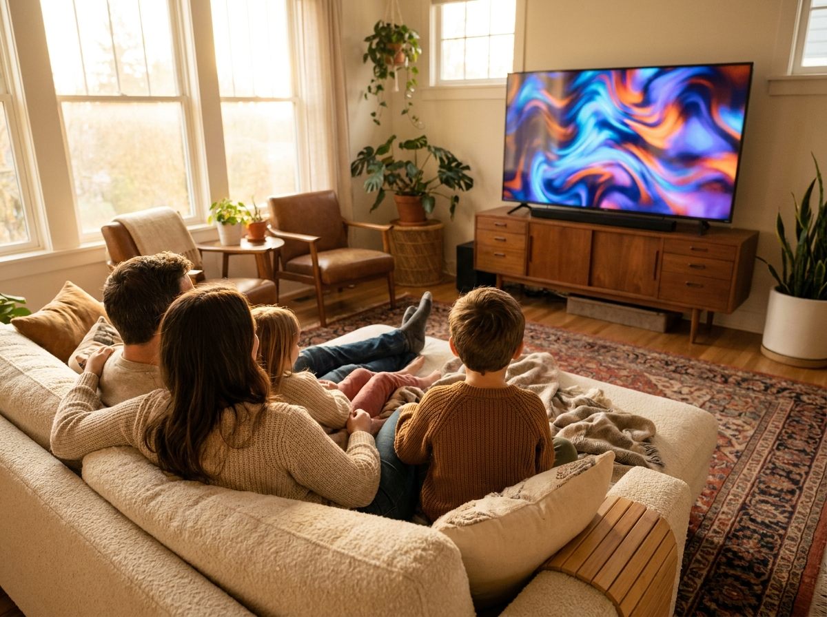 Famille regardant la télévision dans un salon lumineux