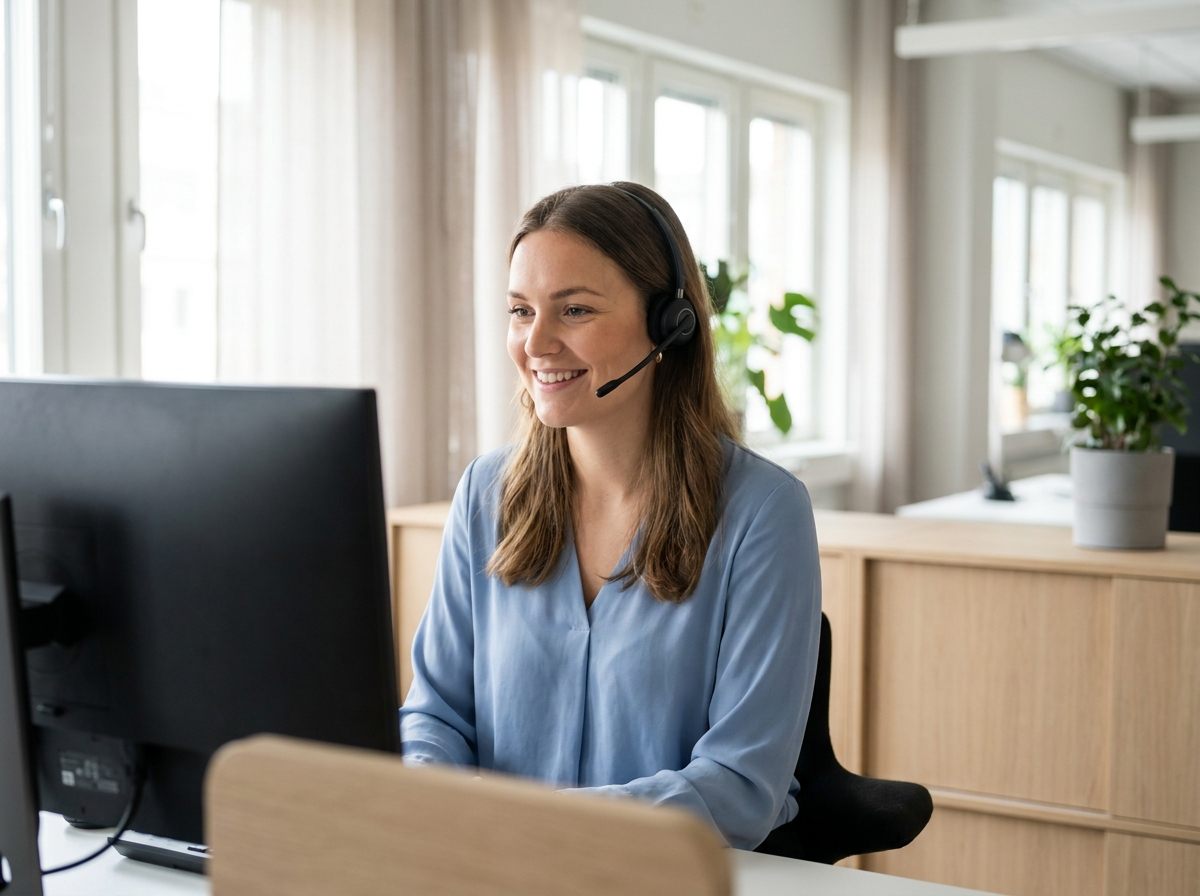 Conseillère du support client souriante avec un casque, dans un bureau lumineux
